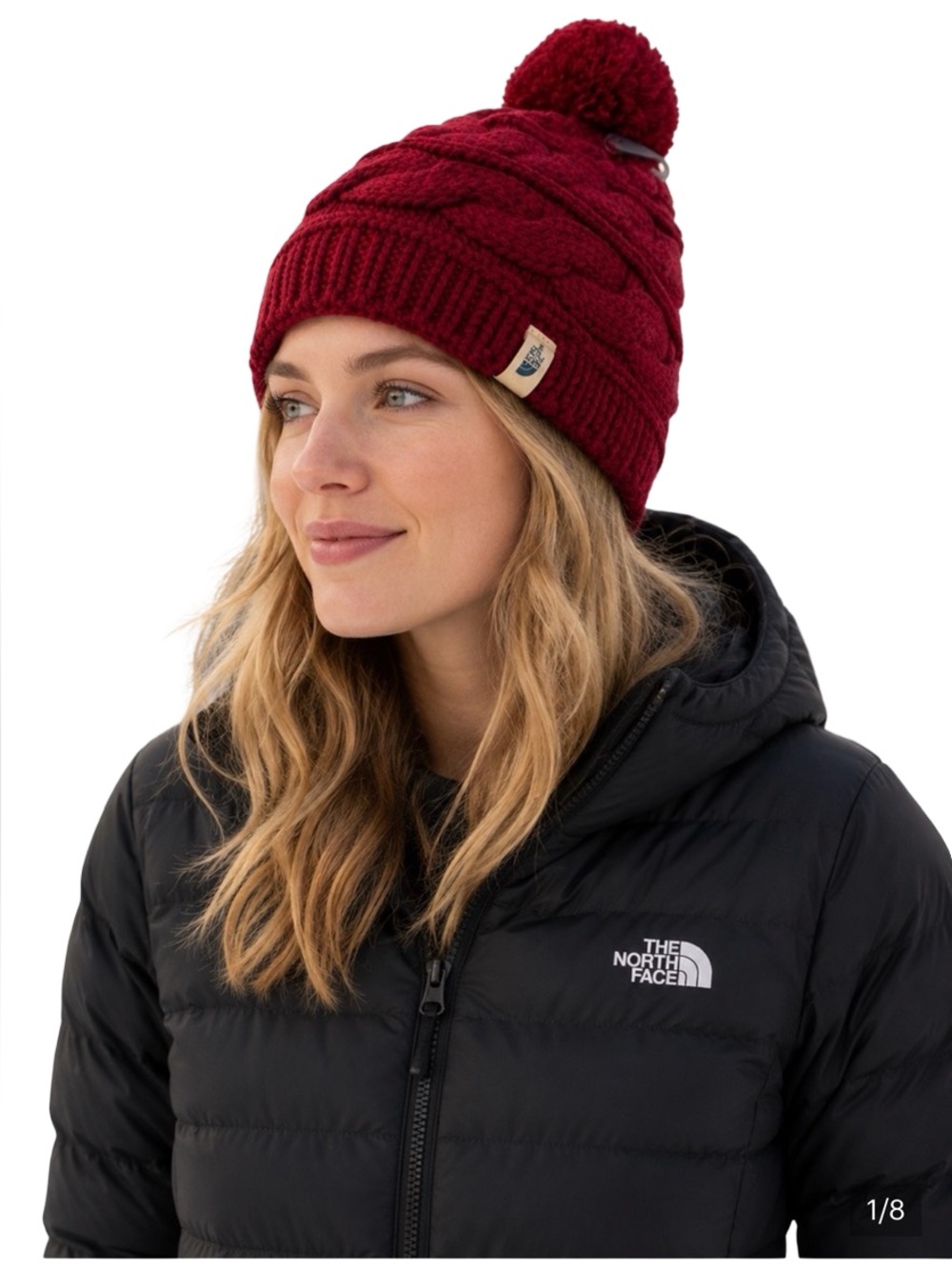 New-The North Face Pom Cable Knit Beanie - Burgundy One Size Fits All Unisex